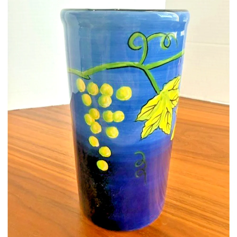 Naylor Designs hand painted Flowers Blue Vase or Red Wine Holder 9.5